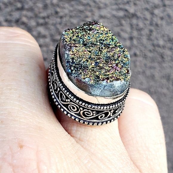 New Titanium Druzy 925 Silver Statement Ring. - Picture 6 of 12